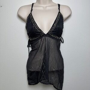 Women y2k Fairy Grunge Babydoll Top Medium Black Metallic Sheer Studded indie